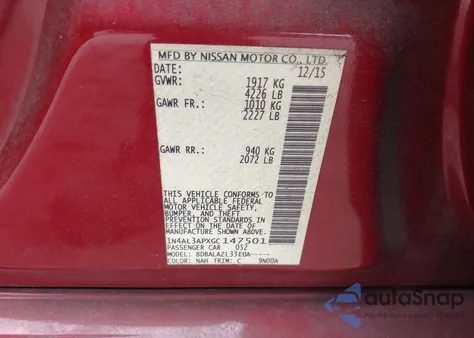 2016 Nissan Altima 2.5 from USA, damaged, VIN 1N4AL3APXGC147501